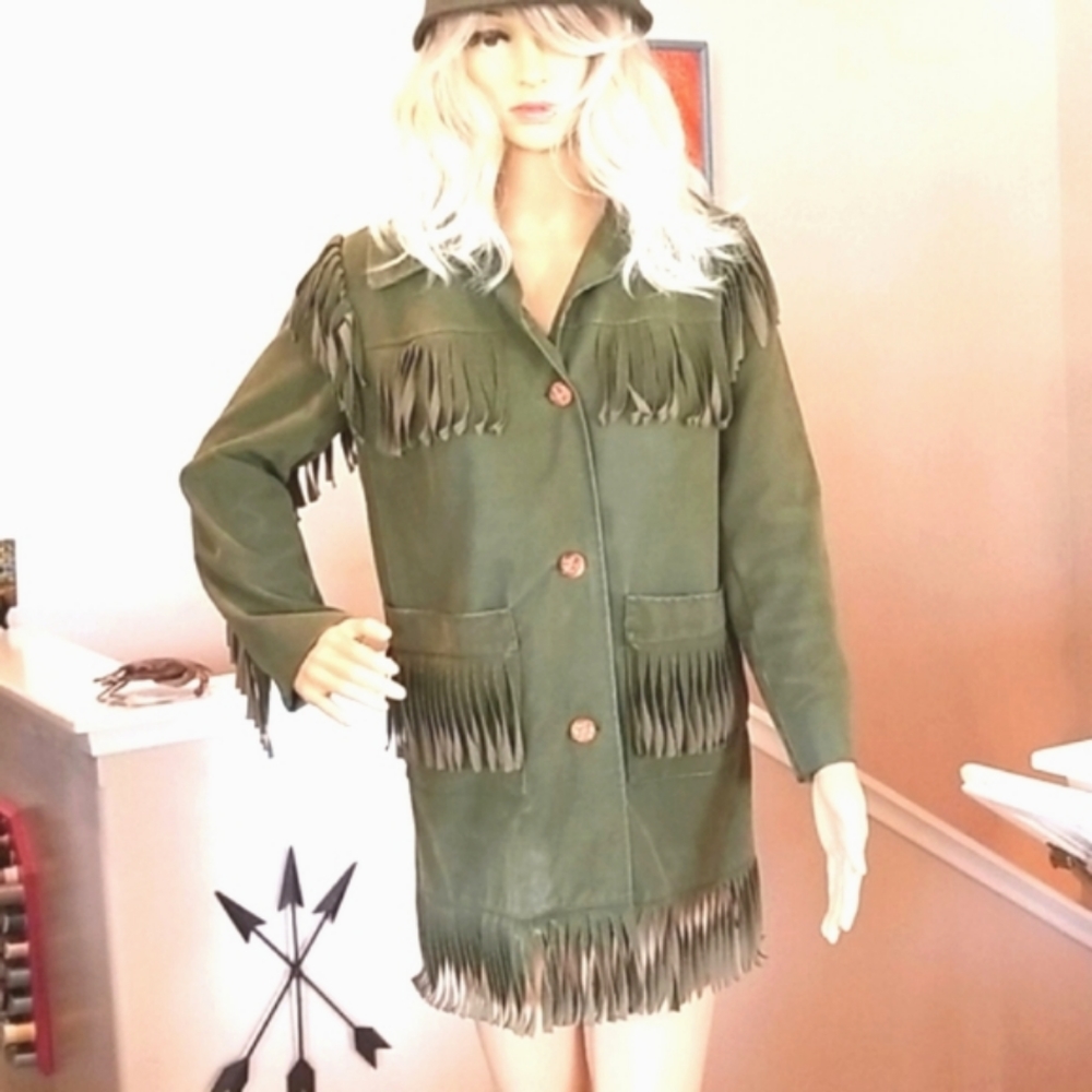 70's FRINGE Travelers OLIVE Green Water VEGAN ALL WEATHER Jacket - Picture 1 of 16